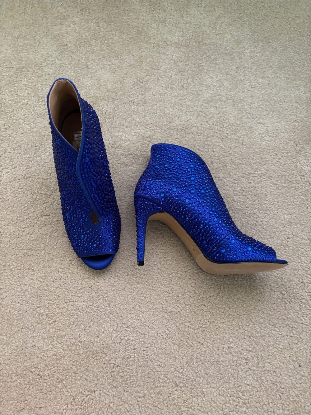 NWOT INC Blue Crystal Embellished Peep-Toe High Heel Booties